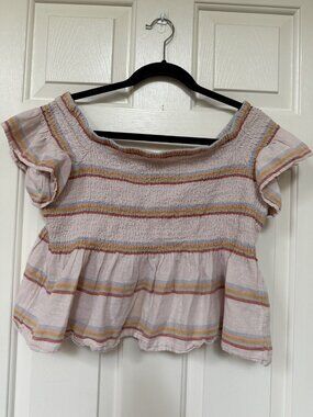 American Eagle Size Extra Large (XL) Striped Smocked Crop Top with Flutter Sleev